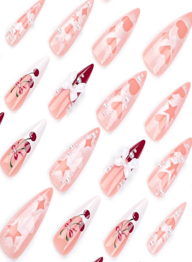 CTTHNBD Long Press Stiletto Pink False French Tip Acrylic Nails with 3D Bow Cherry Design Glue on Heart Star Full Cover Stick on Nails for Women Manicure 24Pcs - Image 3